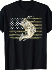 Fishing Camouflage American Flag Bass Fisherman Camouflage T-shirt (Color: black, size: 2XL)